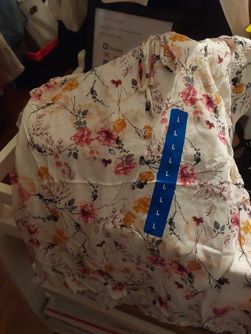 Floral Tie-Front V-Neck Blouse - White with Pink & Mustard Flowers